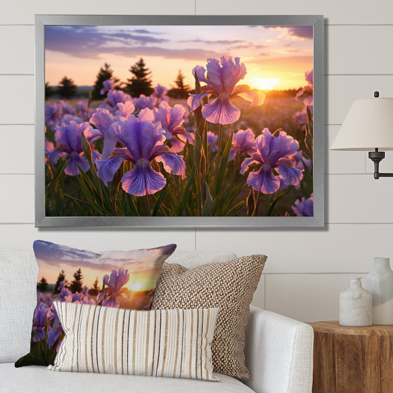 Champ d'iris mauve avec coucher de soleil II, Cadre simple argenté, H 24 po x l 32 po x P 1 po