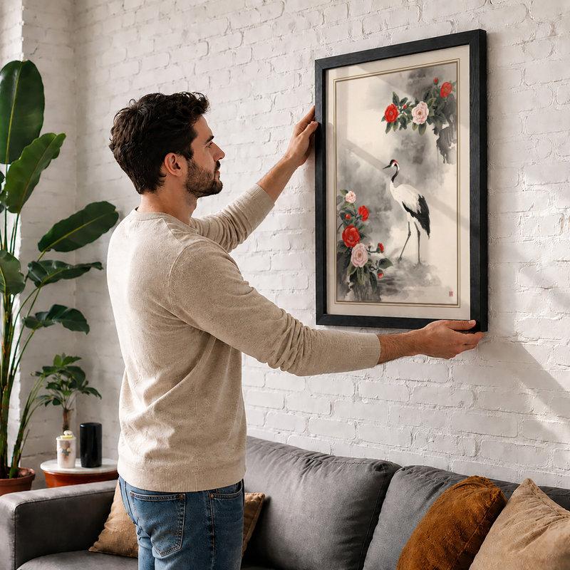 Crane Among Peonies Japandi - Framed Print, Walnut, A3 - 42.0 x 29.7 cm