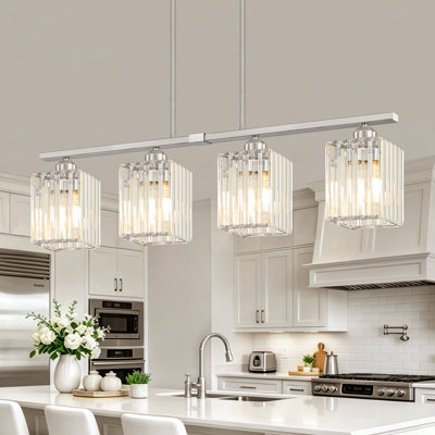 Luminaire suspendu moderne à 4 lumières pour îlot de cuisine, lustre carré en cristal avec doublure en nickel brossé, suspension réglable pour salle à manger.
