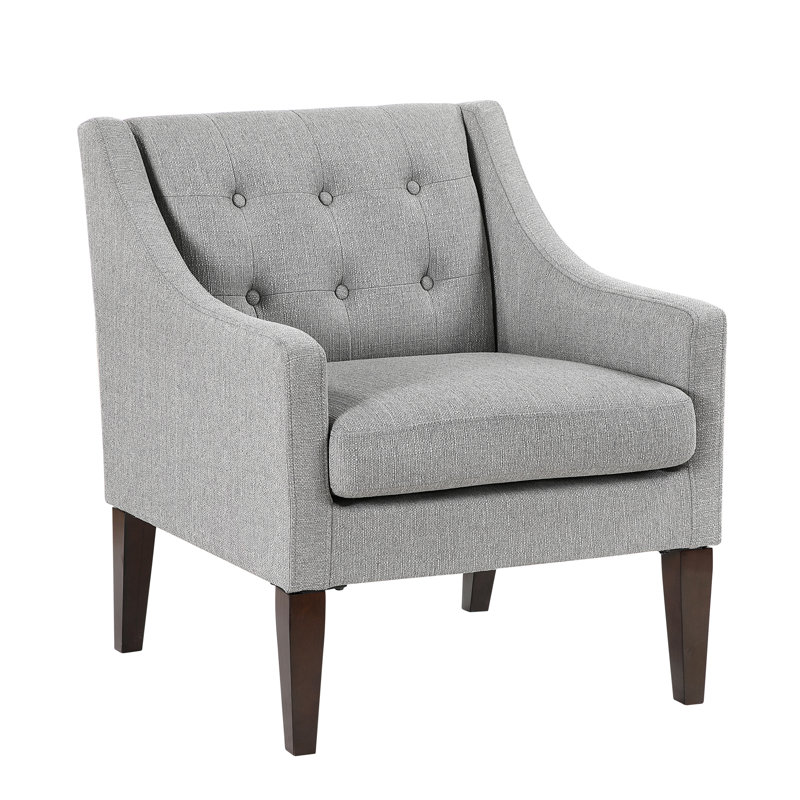 Chaise de salon grise à la mode, revêtement en tissu à boutons, structure en contreplaqué, coussin de siège en mousse haute, réversible avec housse amovible, pieds d'appoint en bois d'hévéa brun gris