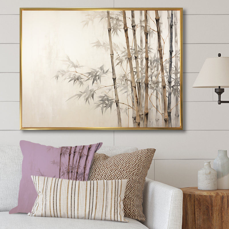 Beige minimalisme bambou sérénité IV - impression sur toile de bambou, Cadre flottant doré, H 16 po x l 32 po x P 1 po