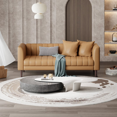 Faux Leather Sofa Couch, Modern 78" W Sofa with Deep Seats, 3 Seater Sofa Couch with 2 Throw Pillows and Wood Legs