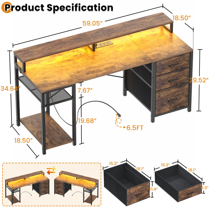 Bureau double 59 po avec tiroirs 59 po, Brun