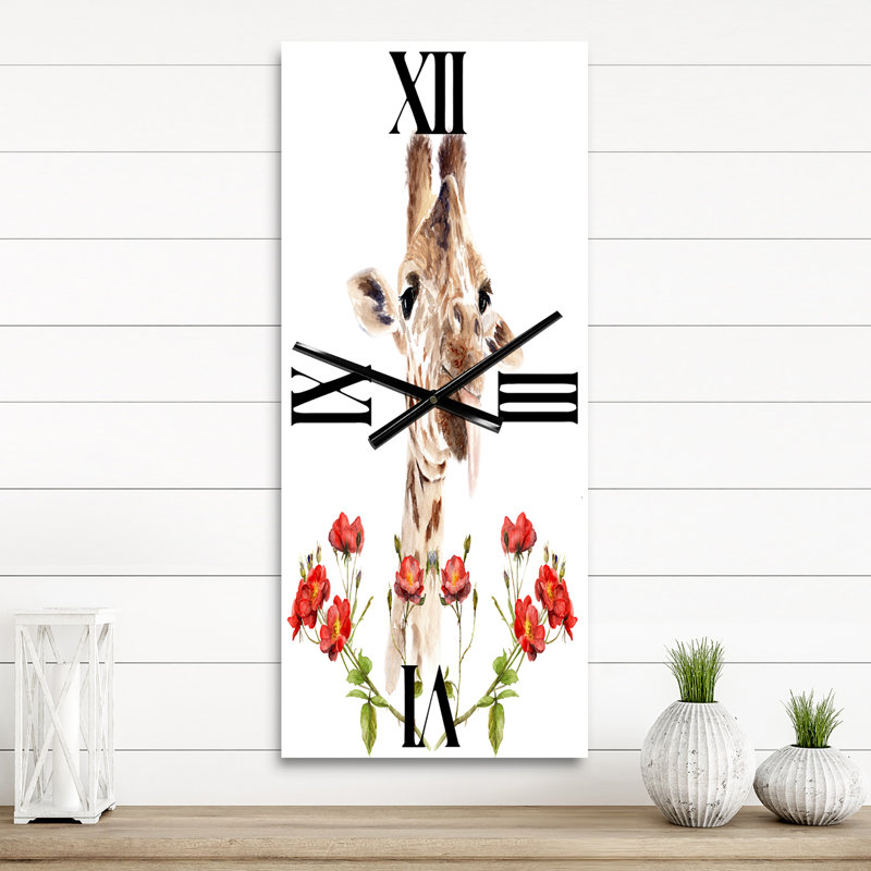 Portrait d'une girafe avec des fleurs II - Horloge murale de ferme, Grand