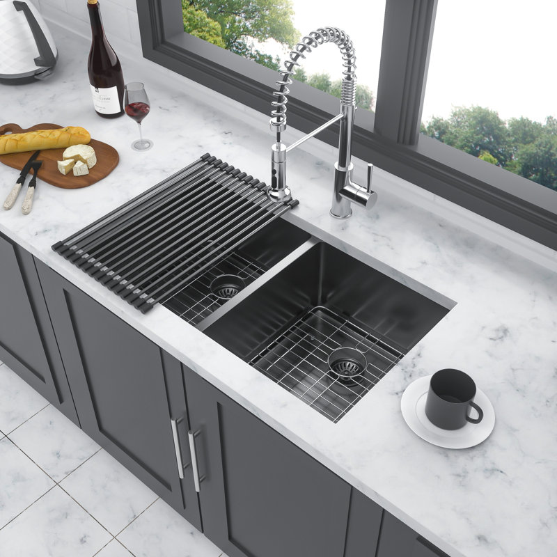 Gunmetal Black 33" Double Bowl  50/50  Undermount Kitchen Sink, 16 Gauge, 10" Deep, Hand - , Rear 3.5 Drain, X Grooves For Quick Drainage, Sound Proofing Mats, Condensation Finish, Comes With Drying