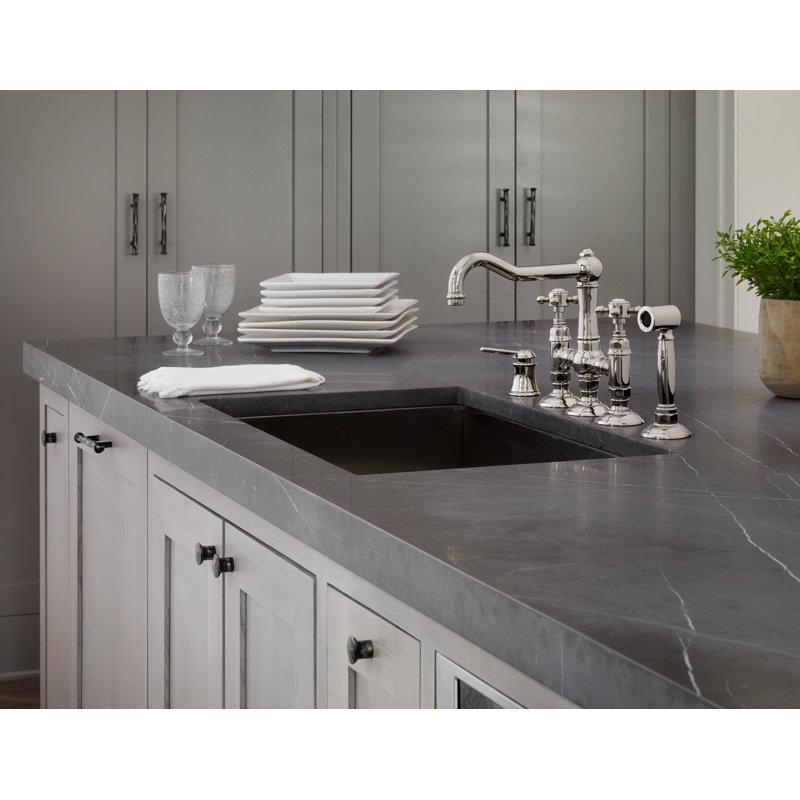 Acqui Bridge Kitchen Faucet With Side Spray, Polished Nickel, Cross Handle