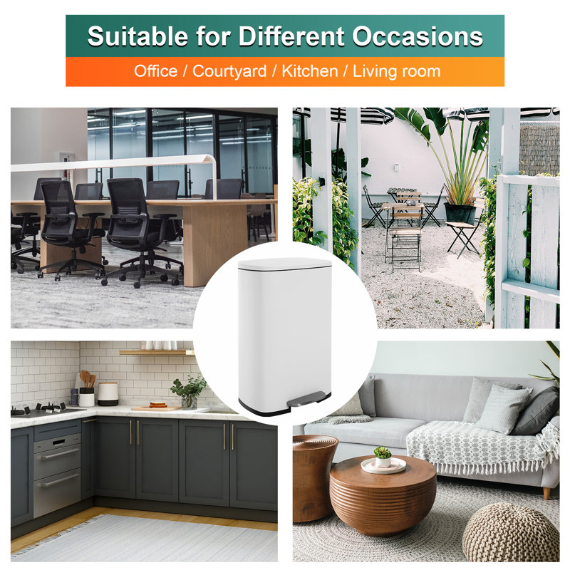White Stainless Steel 13 Gallon Kitchen Trash Can with Foot Pedal