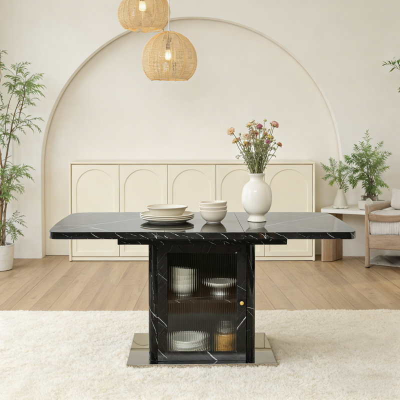 Table de salle à manger moderne carrée avec pieds de rangement et base en métal, Noir
