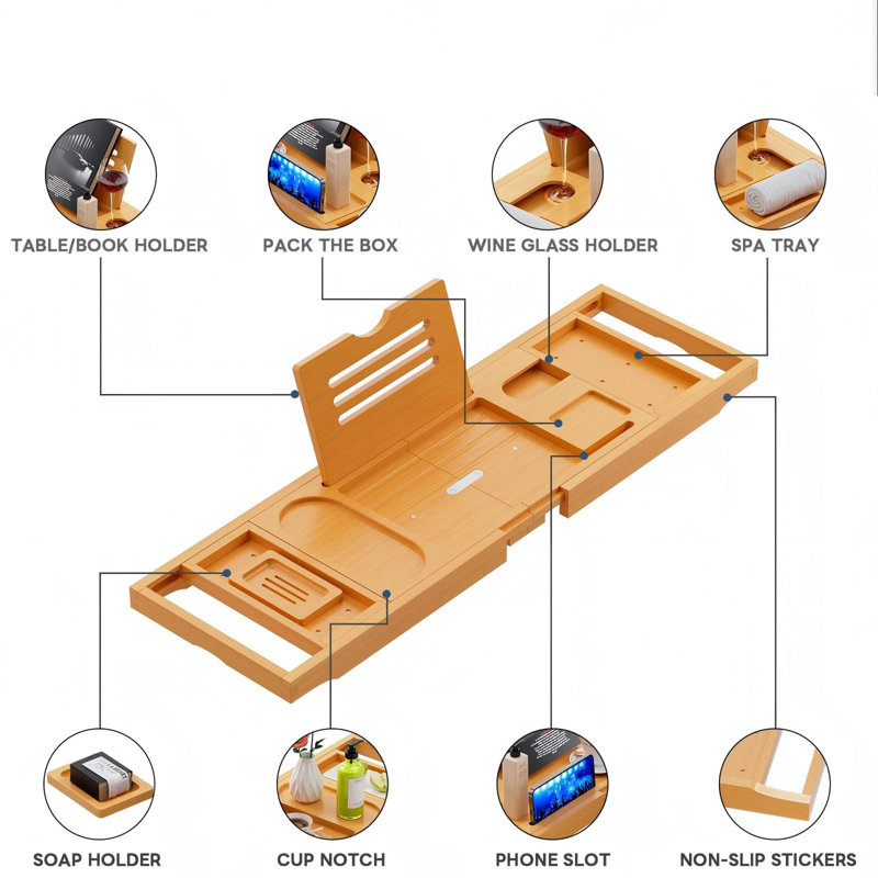 Plateau de baignoire en bambou extensible de qualité supérieure avec tablette et support à vin, accessoire de baignoire spa, cadeau idéal pour les couples et les femmes