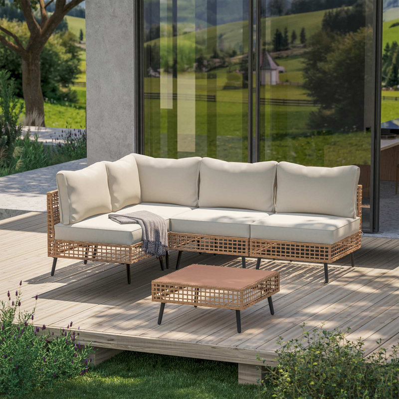 Ensemble de conversation modulaire en osier avec coussins 5 pièces