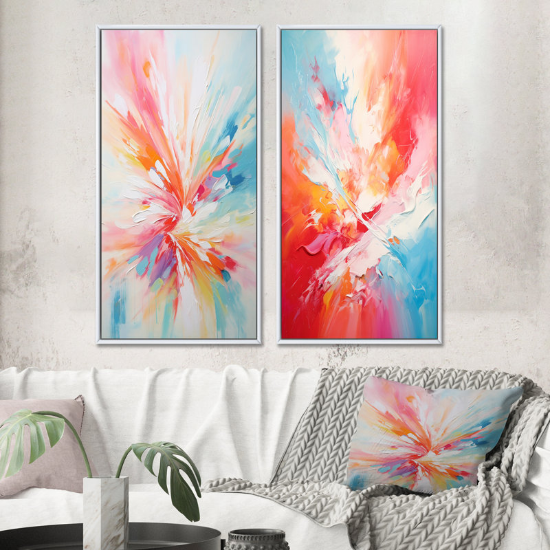 " Colourful Mid Century Energetic Eruptions III " 2 - Pieces, White Framed, 40" H x 40" W