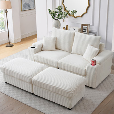 Enn 70.80"W Modular Corduroy Sofa Couch with Ottomans & Cup Holders, Sleeper Sofa by Latitude Run