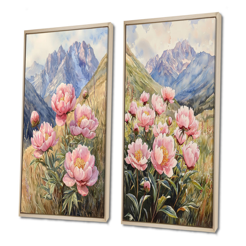 Pivoines dans la vallée balayée par le vent - art mural floral 2 pièces, H 28 po x l 25 po, Impression encadrée flottante