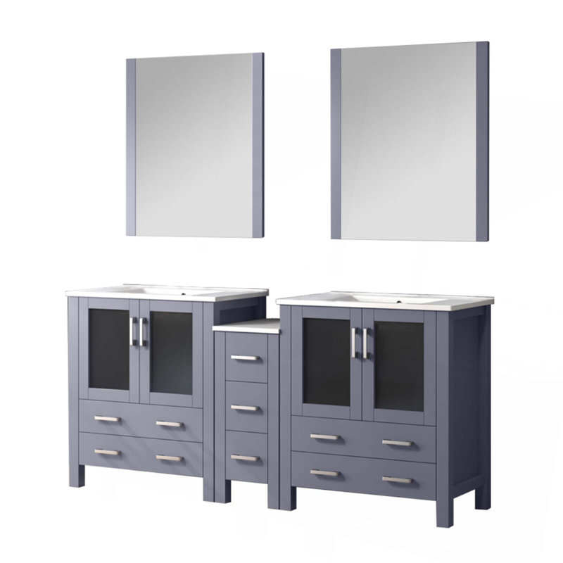 Meuble-lavabo double avec armoire latérale, comptoir en céramique blanche et miroirs