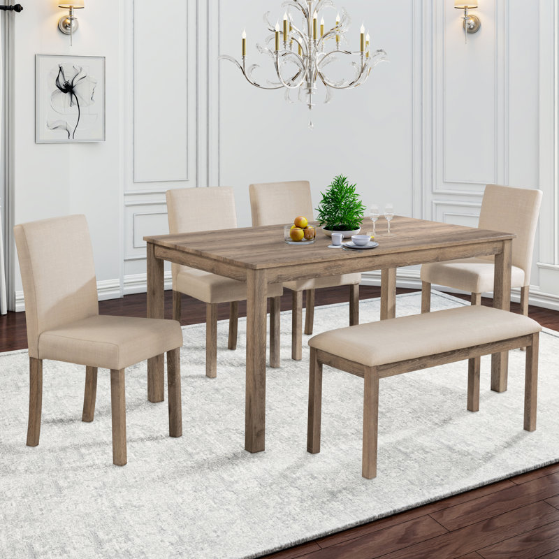 Farmhouse 6 Piece Dining Set Kitchen Table Set With Bench,,dining room set,dinning table set, Khaki/Brown