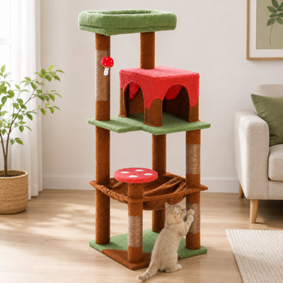 45.7"Brown Mushroom Cat Tree, 6 Tiers with Hammock & Condo
