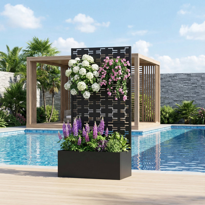 Vito 59" H x 30" H Metal Planter Box With Trellis and Wheels, Black