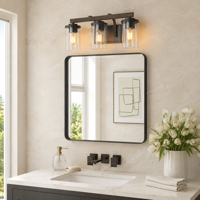 Éclairage pour meuble-lavabo campagnard à 3 lumières Ifill, Argent foncé rustique et faux bois, Trois lumières