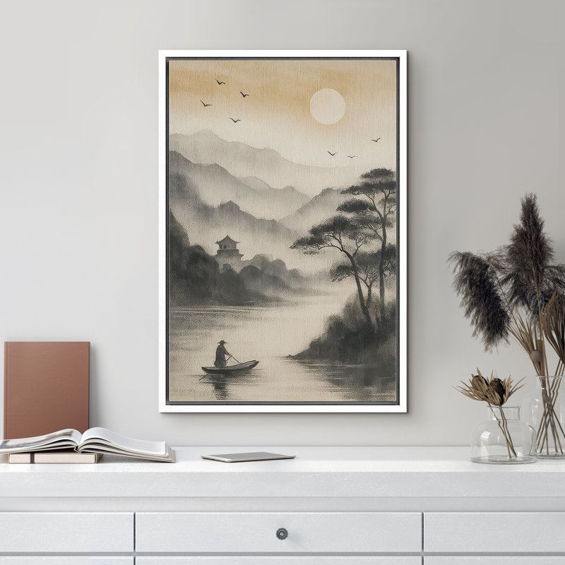 «Serene Mountain River with Boatman and Rising Sun», reproduction d'art sur toile encadrée, H 36 po x l 24 po x P 1,5 po