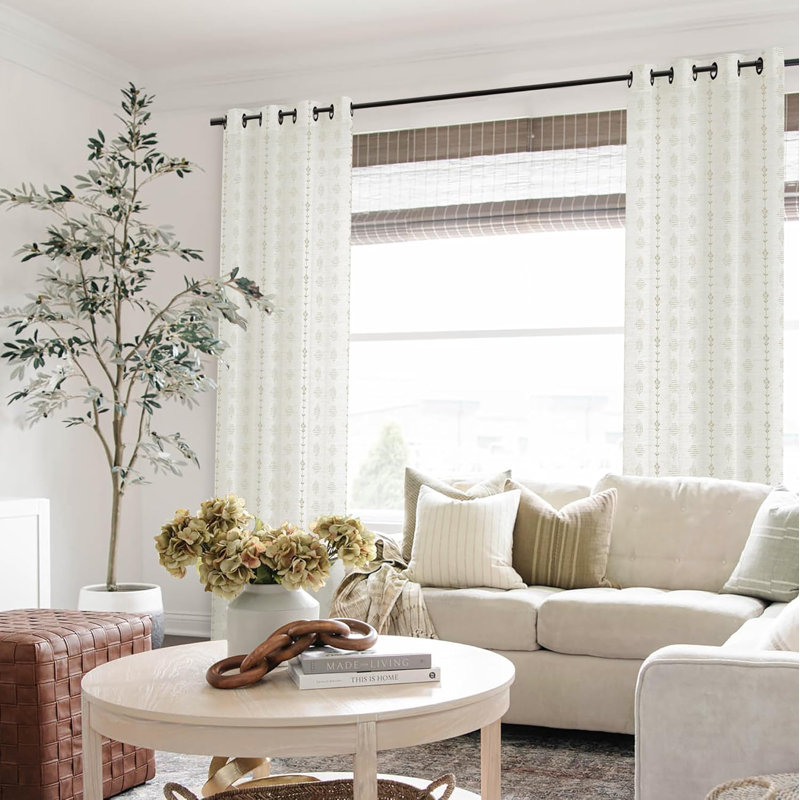 Neutral Curtains For Living Room,Floral Pattern Linen Sheer Country Boho Block Print Farm House Curtains 2 Panels Set, Cream