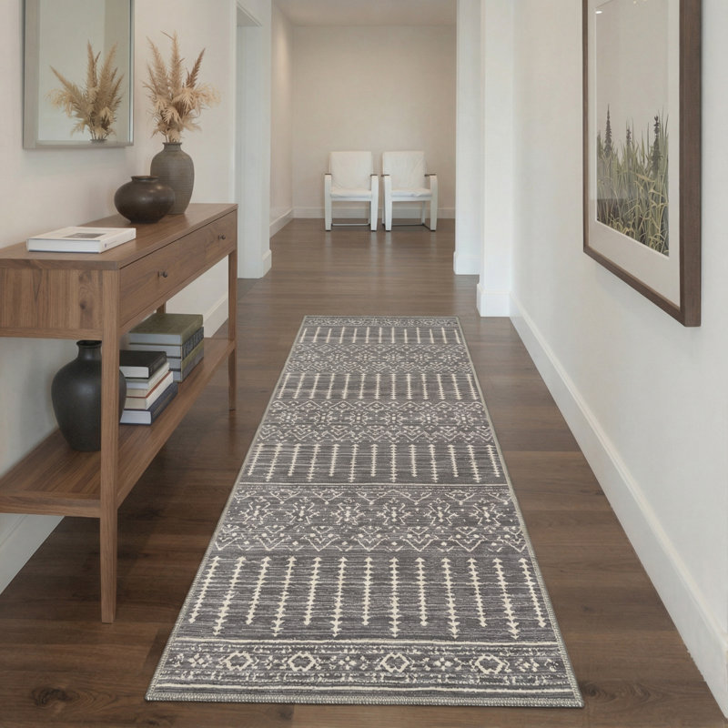Zemara Boho Machine Washable Grey / Beige Indoor Area Rug with Non-Slip Backing, Runner 2'3" x 6'