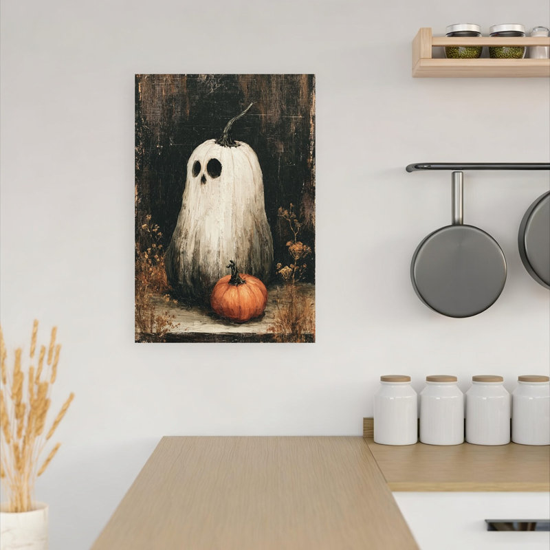 Nature morte de citrouille fantôme, style rustique, fantaisiste et contemporain, affiche murale d'automne, H 18 po x l 12 po