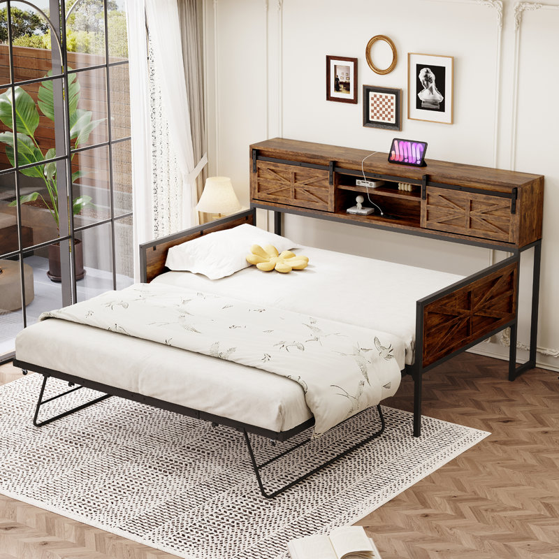 Pull Out 3-in-1 Convertible Sofa Bed With Storage And Sockets, Brown