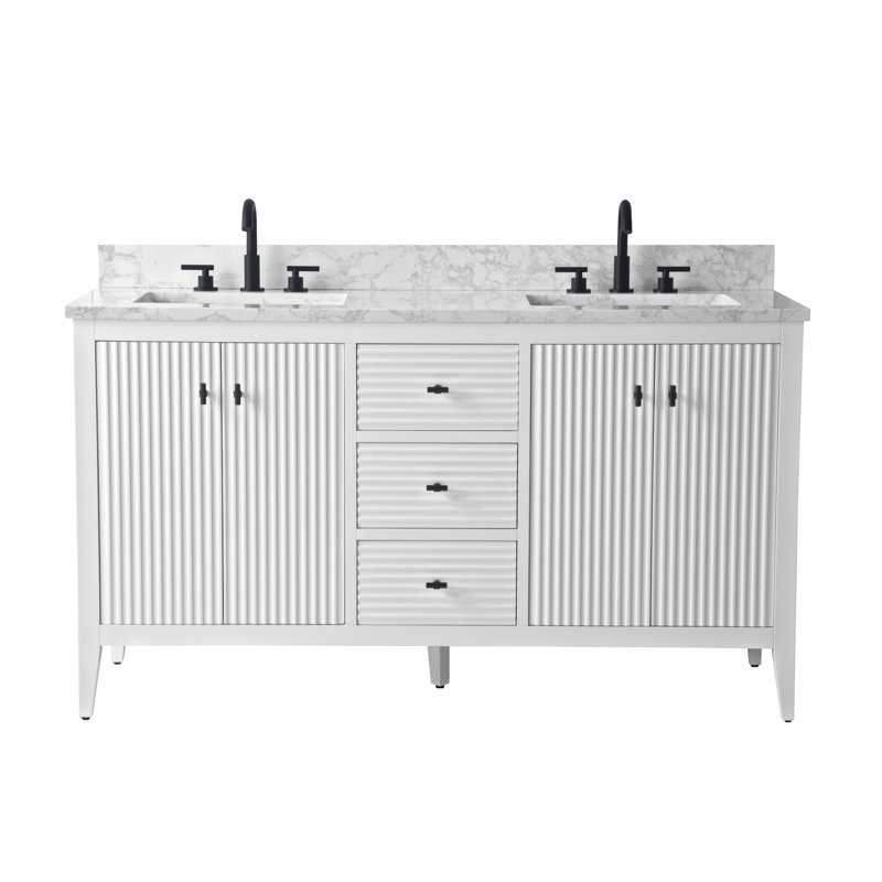 Laval 60" Double Sink Freestanding Bathroom Vanity with Engineered Marble Top, Linear White, Matte Black