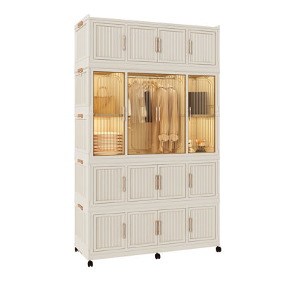 Portable Wardrobe Closet Storage Organizer for Clothes,Clothes Dresser,17 Magnetic Doors-17 Cubes & 1 Hanging Rod,6 pcs hangers , Baby Wardrobe Storage Cabinet,White