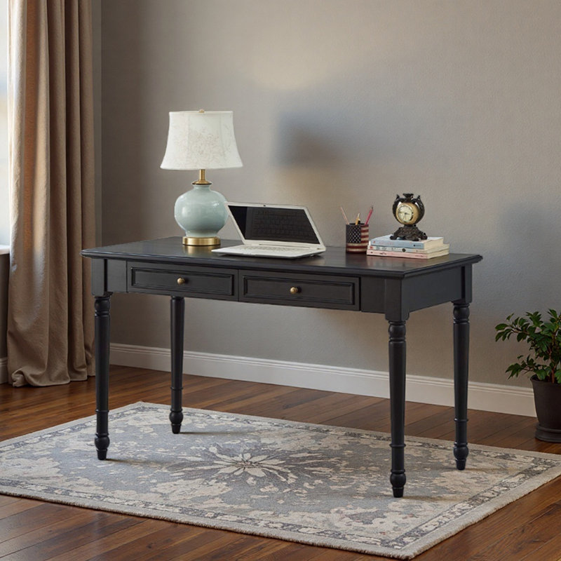 Black Rubberwood Double-drawer Writing Desk, 29.92" H x 55.11" W x 23.62" D