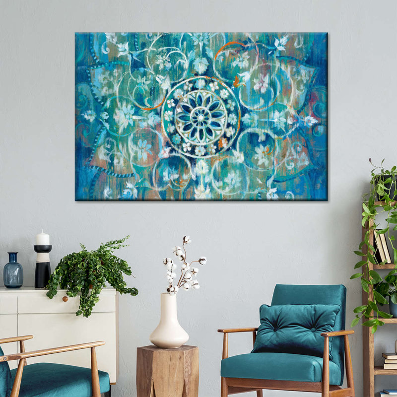 Mandala en bleu I sur toile, H 32 po x l 48 po x P 1,25 po