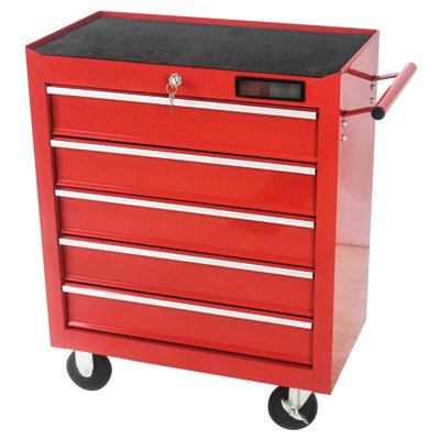 5 Drawer Tool Cabinet With Lock And Swivel - Red Coated Steel For Garage Space 5 Wheels Locking System Storage