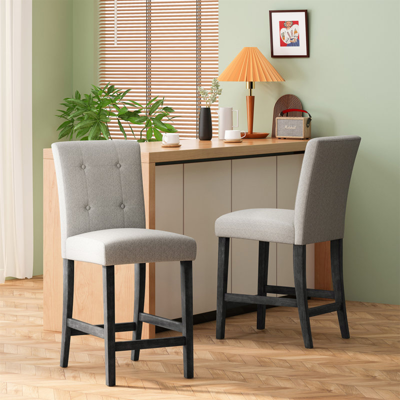Ensemble de 2 tabourets de comptoir capitonnés contemporains en tissu, 26 po, Gris clair