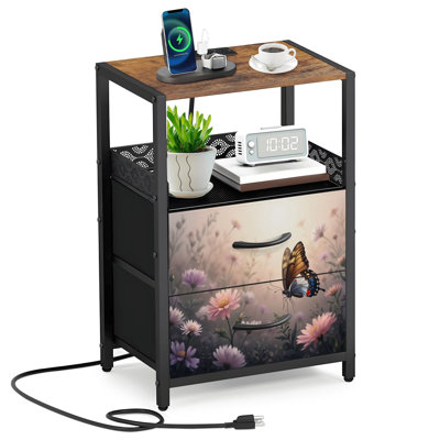 2 Fabric Drawers Night Stand with Charging Station Lavender Pink Meadow Scene Graceful Butterfly Bedroom Bedside Table End Table with Open Shelf USB Ports and Outlets