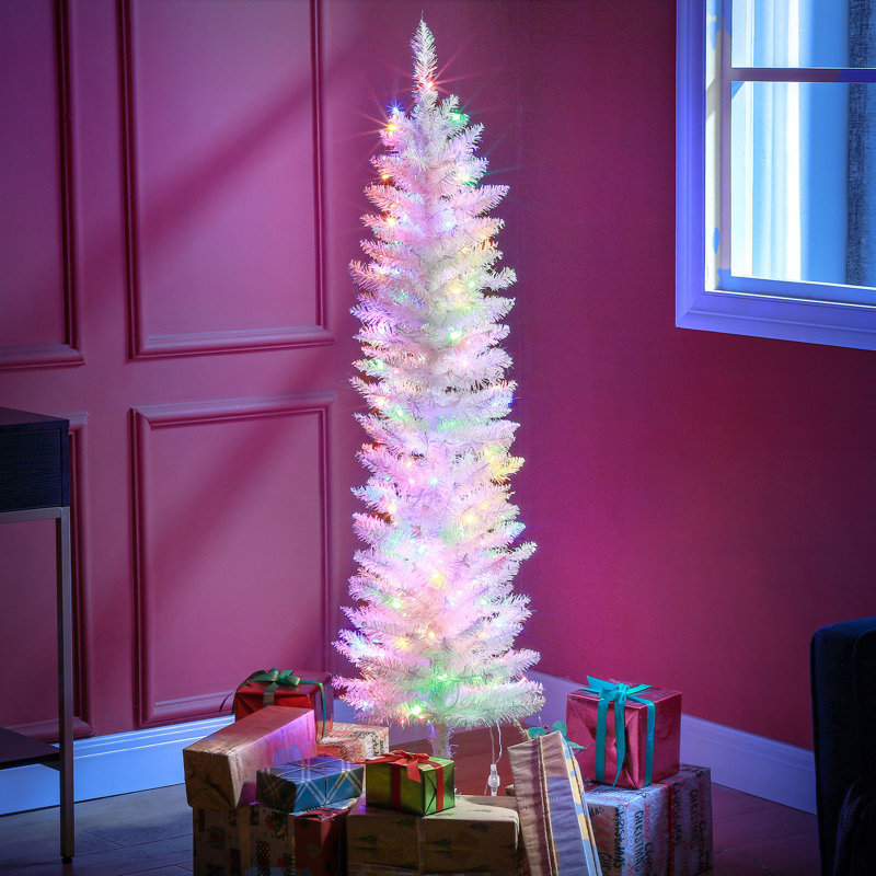 Arbre de Noël artificiel 5 pi avec 5 branches colorées et 150 lumières DEL colorées, 4 pi 9 po, Non, Blanc