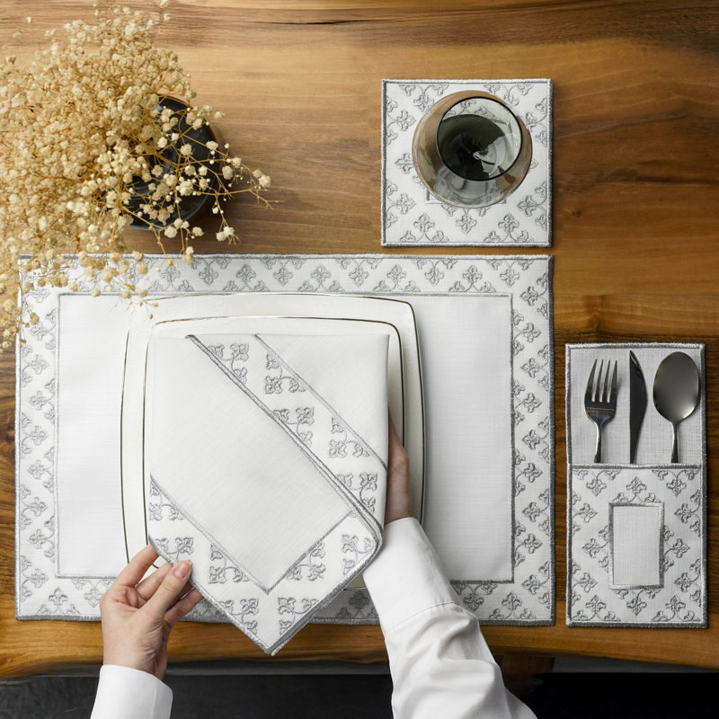 Embroidered White Linen Placemats with Gold Scrollwork – 24pc Elegant Table Mats Set for 6 Person | Islamic Decorative Dining Linens
