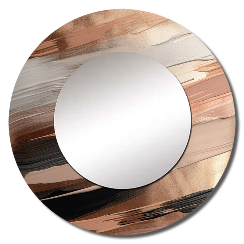 Procto or rose et formes roses en contemporain II - miroir décoratif abstrait, miroir mural rond doré, impression d'art en métal