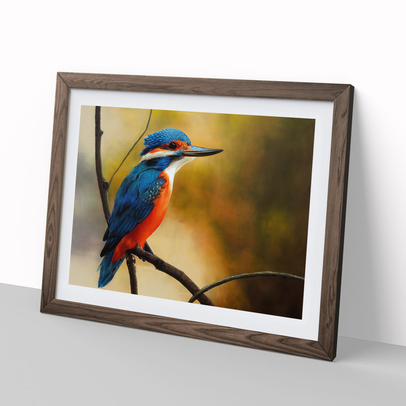 XH1022-8704X Supreme Kingfisher Bird 1 Piece Single Picture Frame Wall Art, 34cm H x 46cm W x 2cm D, Walnut