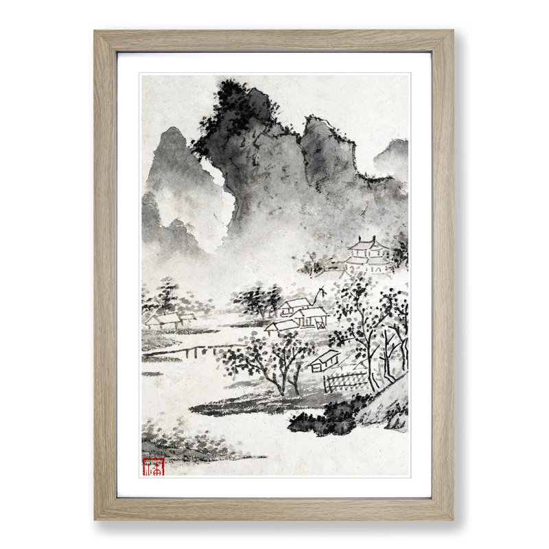 Tress & Mountains by Wen Zhengming - Picture Frame Painting Print, 48cm H x 36cm W x 2cm D, Oak Framed
