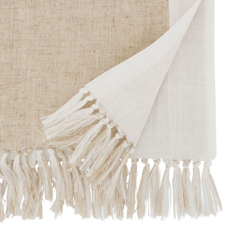 Natural Two-Tone Cotton Table Runner with Tassels