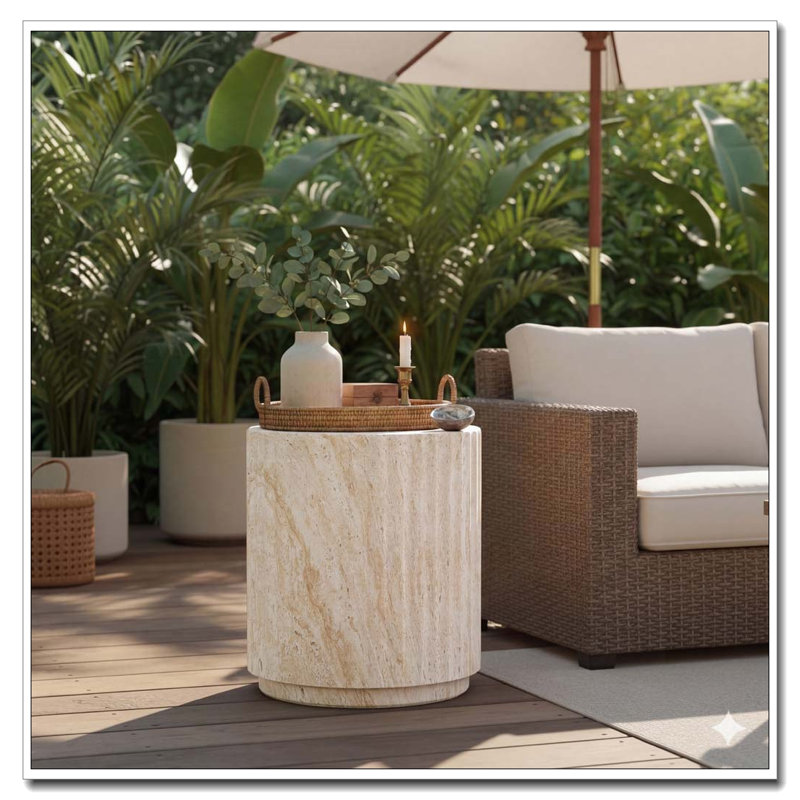 Outdoor Side Concrete Table for Patio Indoor Outdoor, Beige,Yellow-Wave Design