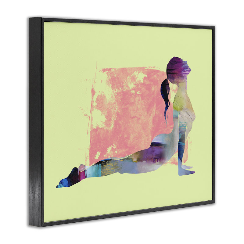 Pose de yoga sur giclée jaune par Tim Parker, Giclée encadrée noir minuit, H 16 po x l 20 po
