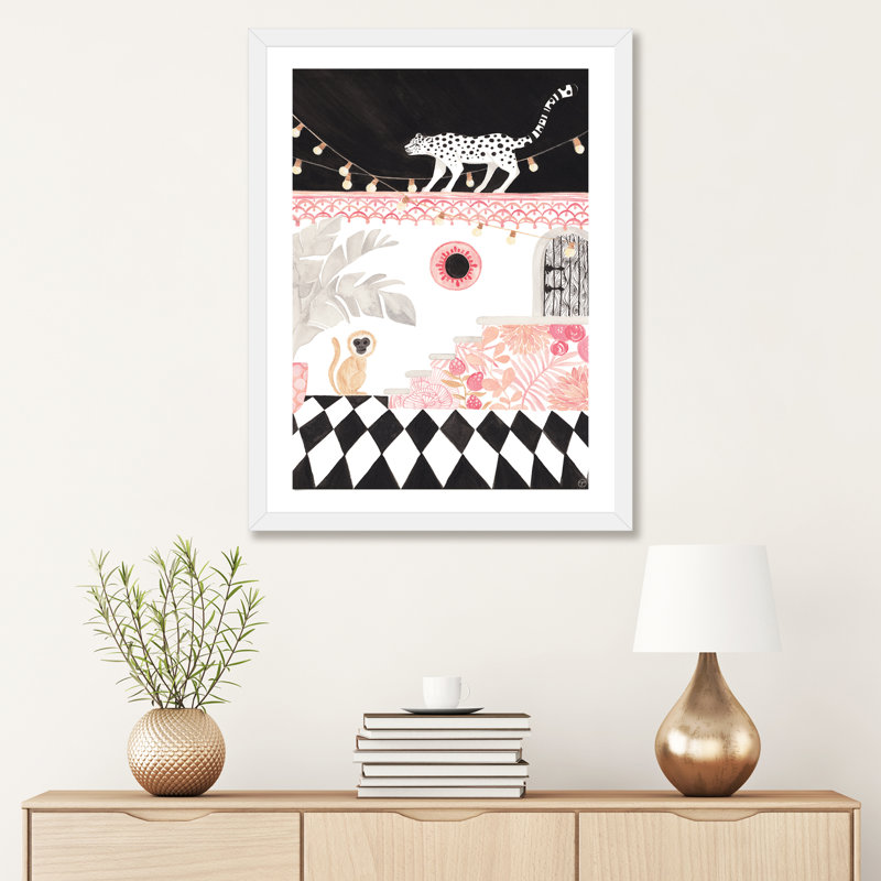 Art sur papier leopard et singe, H 32 po x l 24 po x P 1 po, Papier avec cadre blanc