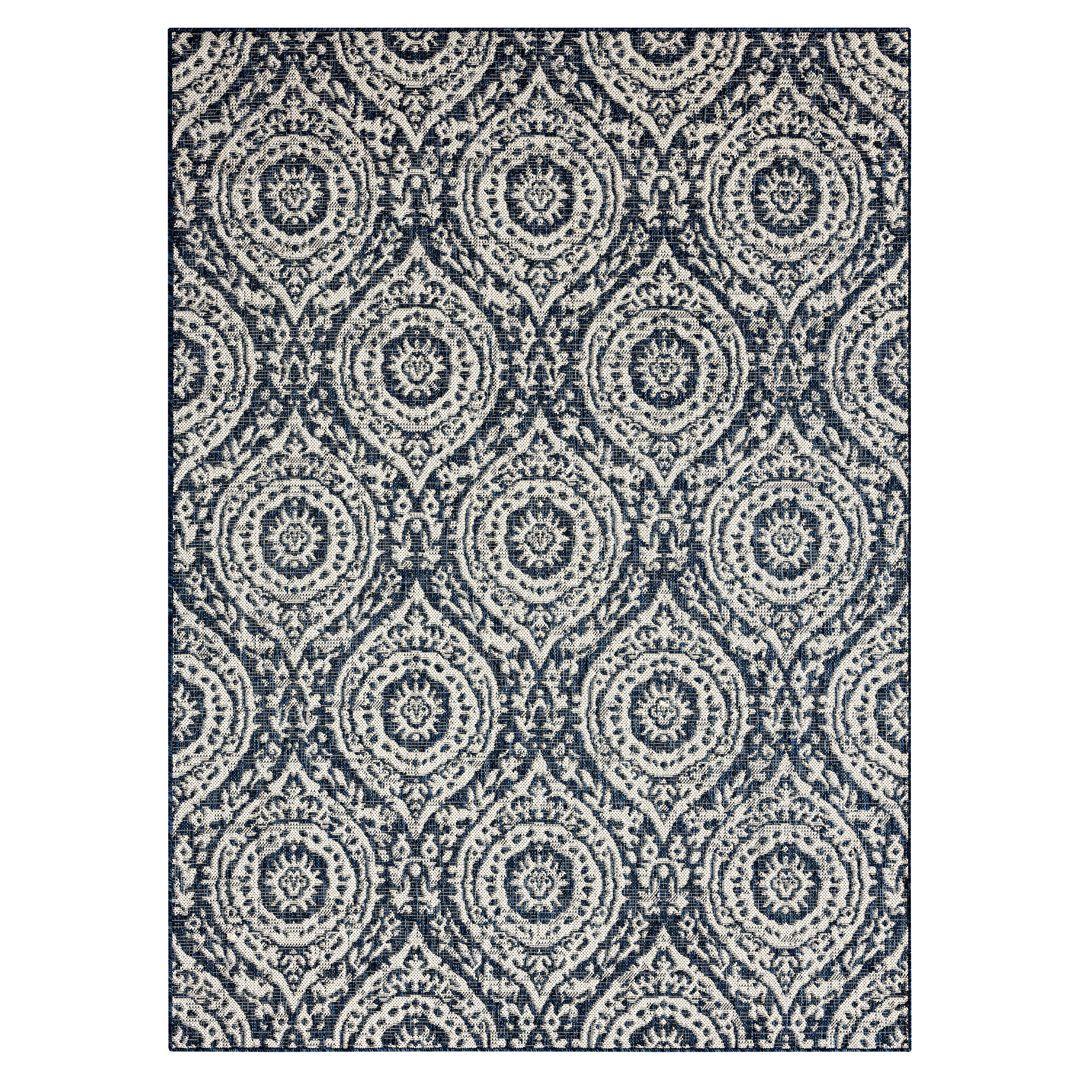 Nicole Miller New York Patio Country Zoe Moroccan Damask Indoor/Outdoor Area Rug, Navy Blue/Ivory Nicole Miller Rug 