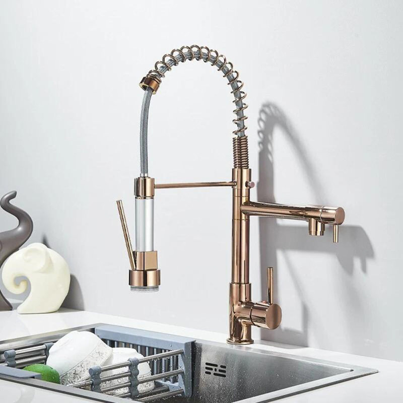 Robinet de cuisine à DEL avec douchette rétractable à ressort pivotant à 360 ° et or rose