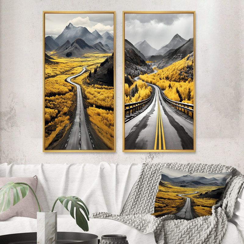 «Road Through Yellow Prairies», 2 pièces, Encadrement doré, H 32 po x l 32 po