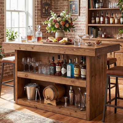 Table de bar en bois massif de 140 cm (55,12 po) avec étagères de rangement ouvertes, table de pub haute rustique avec panneaux latéraux robustes et espace pour les jambes, bar de cuisine et de salle à manger de style campagnard