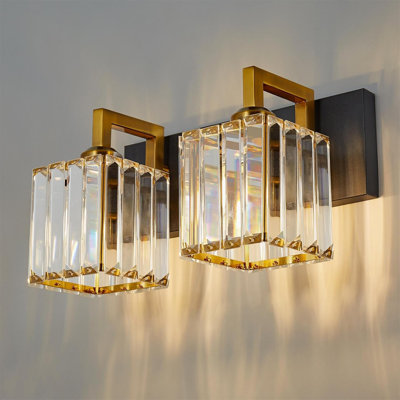 Modern Bathroom Vanity Light With Crystal Shade And Black Gold Finish, 2-Light Wall Sconce For Luxurious Bathroom Lighting