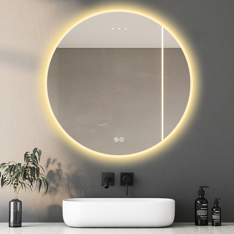 Miroir de meuble-lavabo mural 32 po à fixation murale, brouillard, 3 températures de couleur réglables et à intensité variable, pour salle de bain de chambre à coucher, style chic avec lumières à intensité variable de la fonction de brouillard, attrayant