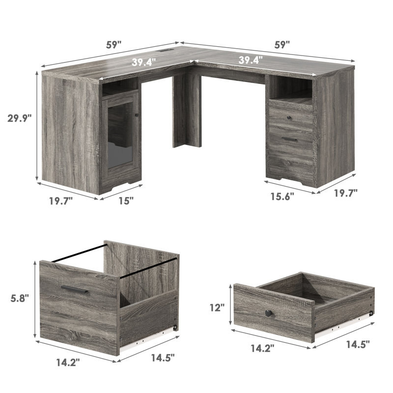 Chizuko 59'' W L-Shaped Executive Desk with Cabinet, Gray